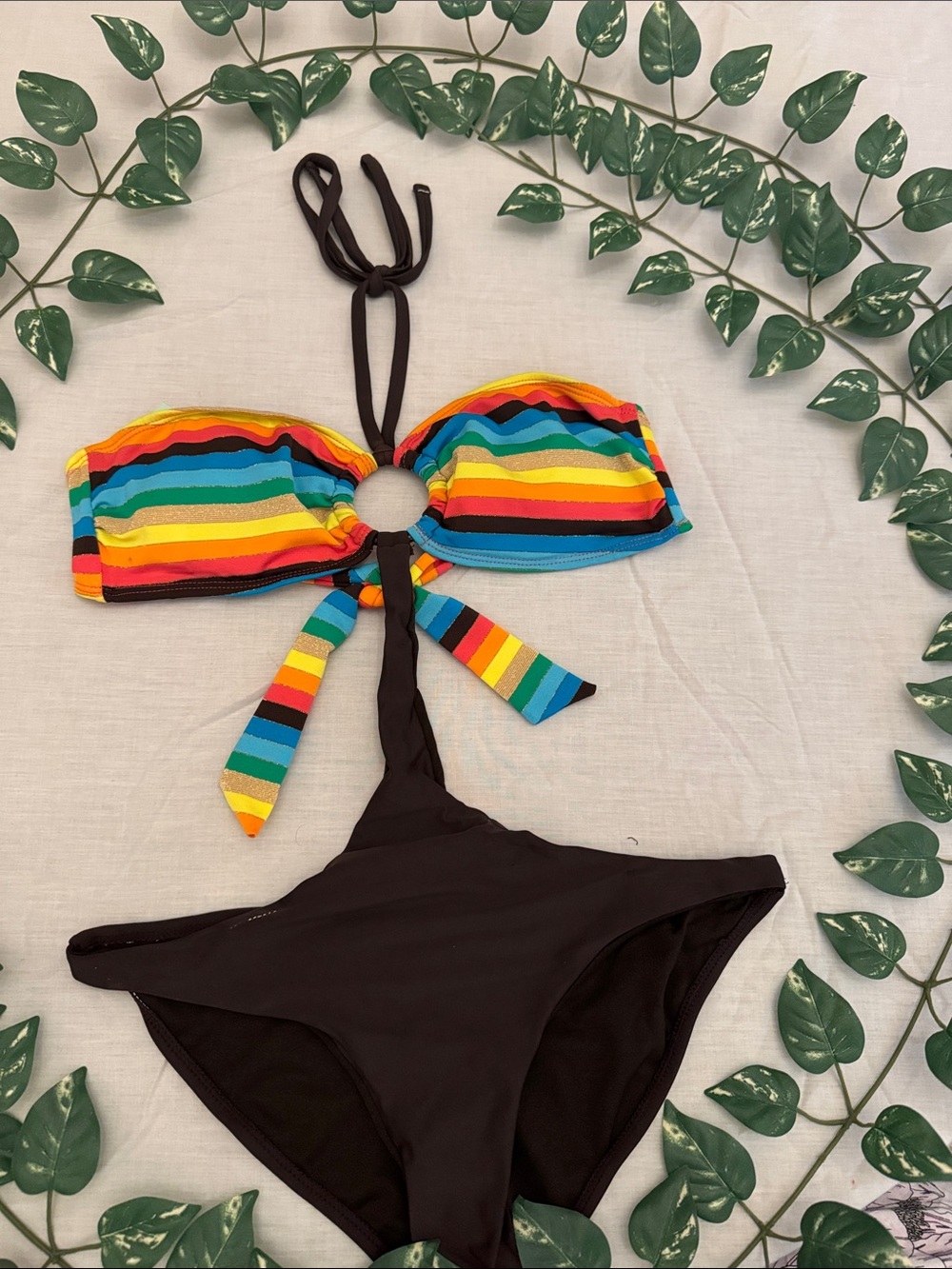 Rainbow Stripe Bandeau Bikini Top with Black High-Waist Bottom